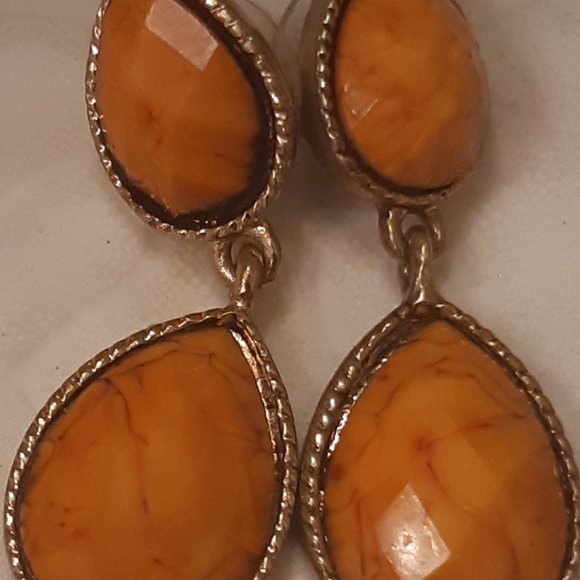 Gold Tone and Yellow Stone Earrings - Picture 3 of 3